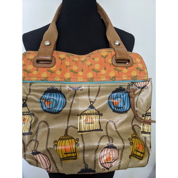 FOSSIL KEY-PER Bird Cage Coated Canvas Med/Lg Shoulder Tote Bag Handbag Purse - Picture 4 of 9